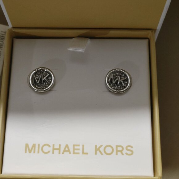 Michael Kors MK Logo Design Stud Kors Earrings In Original Box Silver tone - Picture 7 of 13